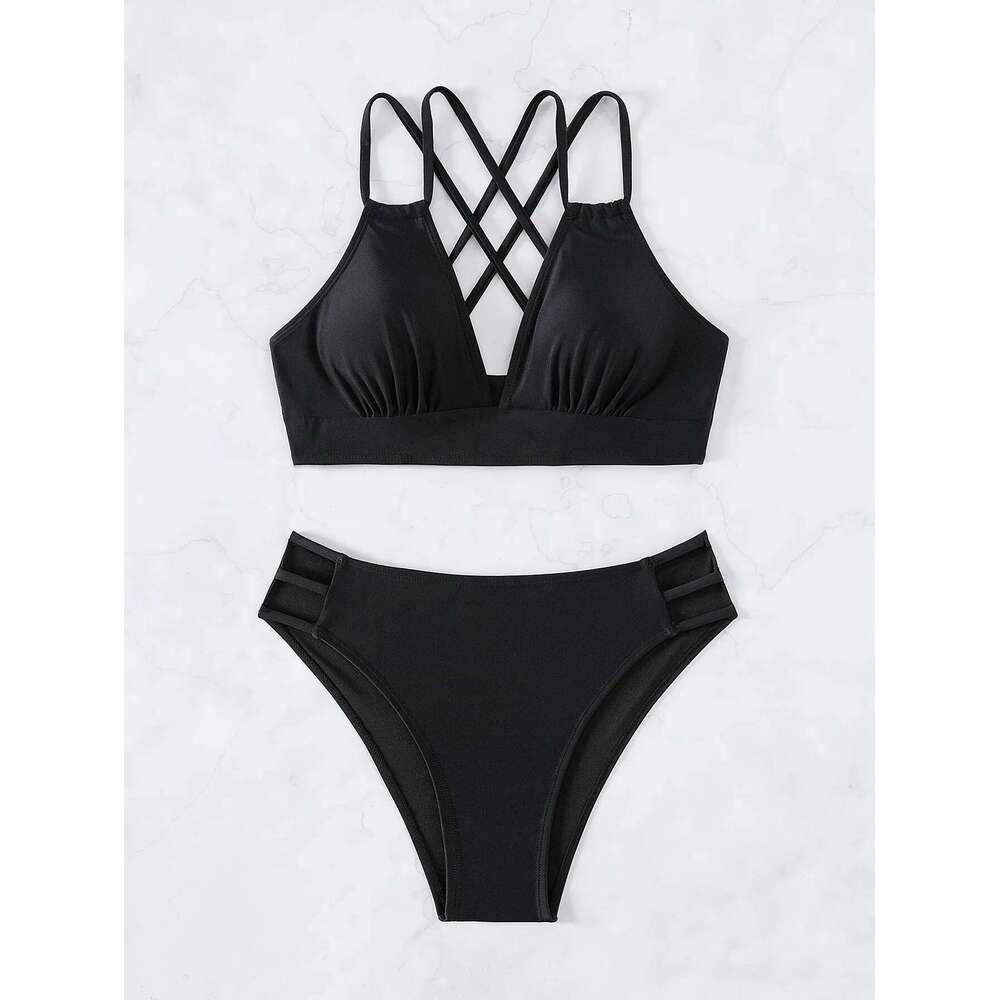 Solid Color Black Two Piece Swimsuit for Women Summer New High Waist Bikini Set Beach Vacation V-neck Backless Swimwear 2024