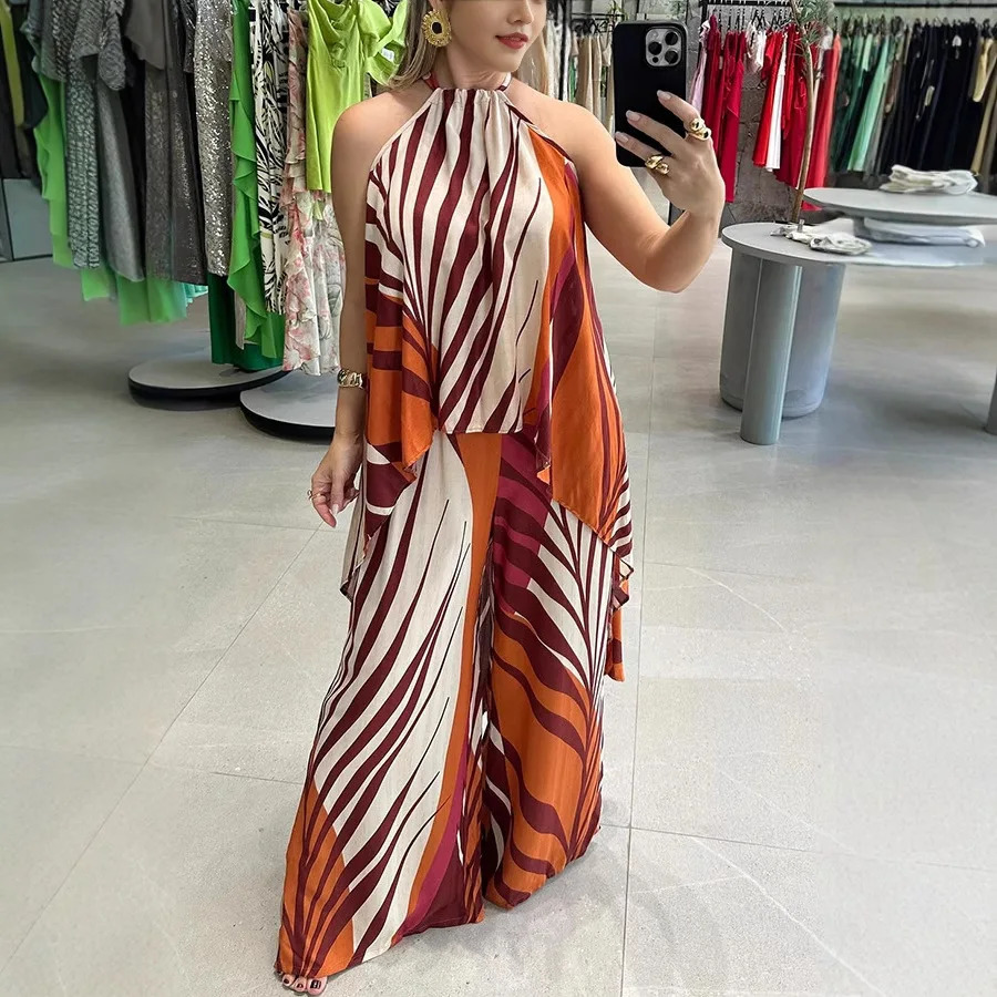 Womens printed sleeveless top wide leg pants set summer bohemian streetwear 2piece casual elegant sexy loose fitting womens 250403