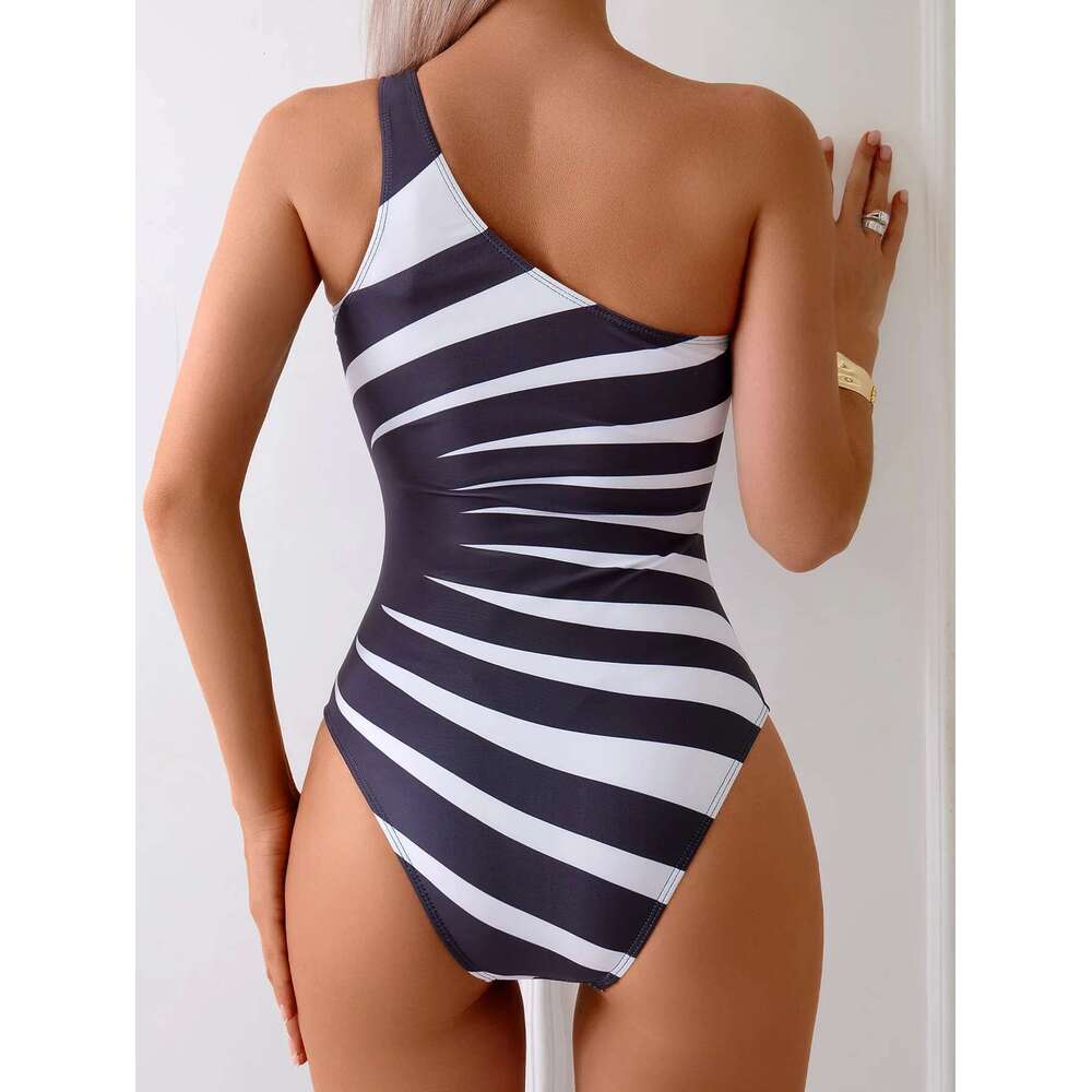 Vintage Black Zabra Print Piece Swimsuit 2025 Women Sexy One Shoulder Tummy Control Swimwear Beach Bathing Suit Monokini