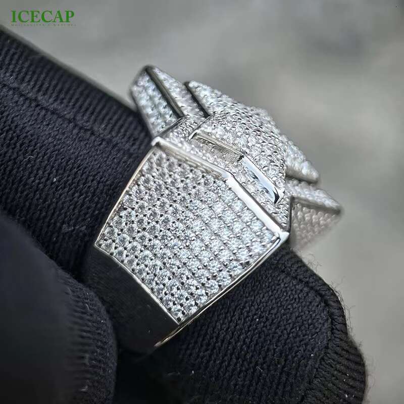 925 Sterling Silver 3D Mens Hip Hop Ring VVS Moissanite Iced Crystal Pentagram Stars Baguette Shape Unisex Rhodium Anniversary