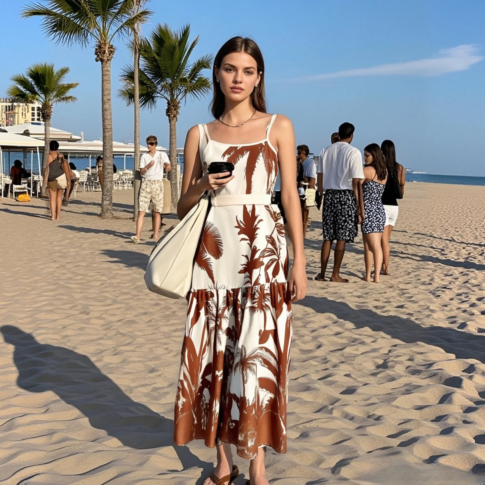 Ladies Maxi dress with tropical plant print and waistband suitable for summer vacation beach wear in 250401