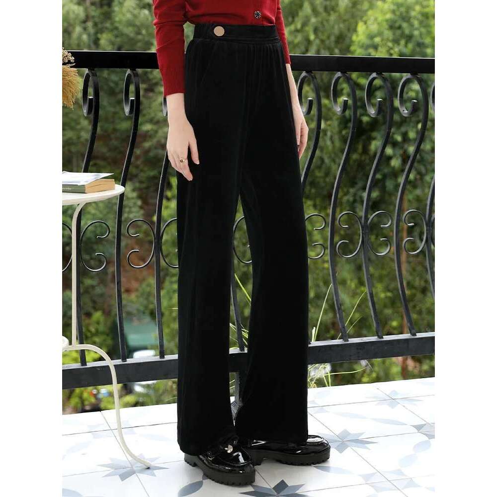 Black Thick Veet Trousers Korean Casual Straight Leg Winter Slim Back Elastic Waist Pants