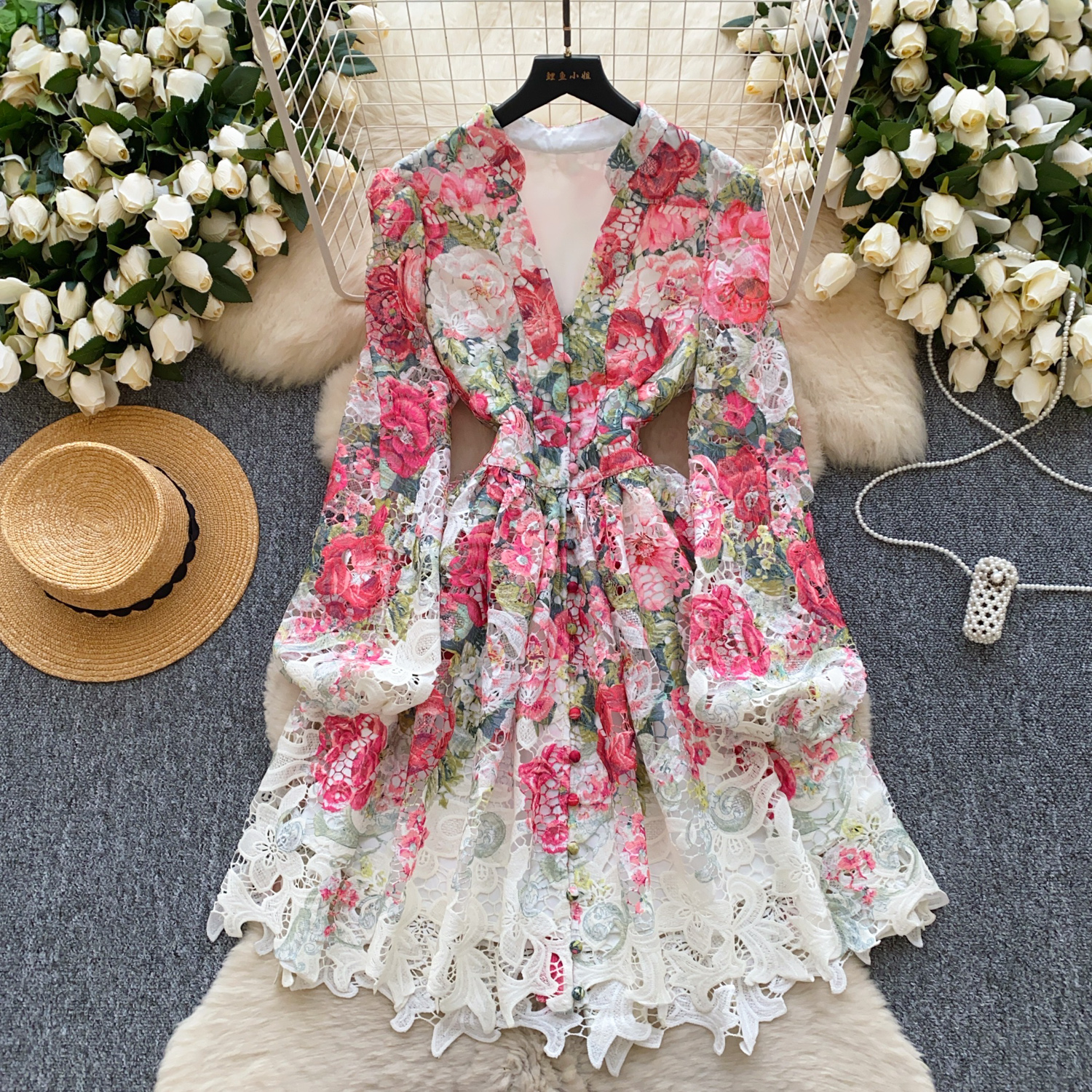 Casual Dresses Summer Spring Holiday Crochet Lace Embroidery Hollow Out Floral Print Mini Dress Women's V-Neck Long Lantern Sleeve Lace Up Clothi