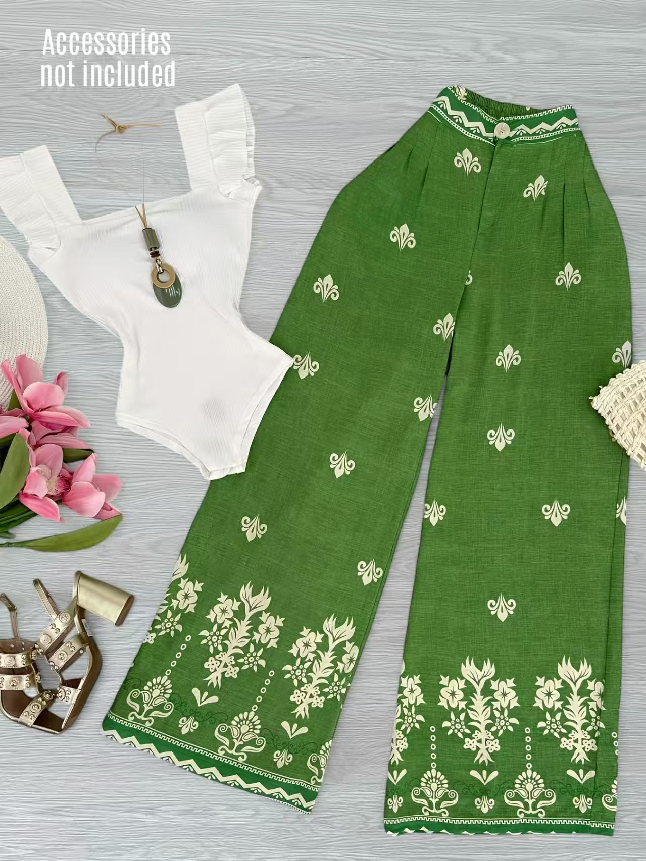 Women's Romantic Sexy Ruffle Sleeve Bodysuit & Floral Printed Wide-Leg Pants Set, Polyester Loose Vacation Outfit with White Top & Green Pants---