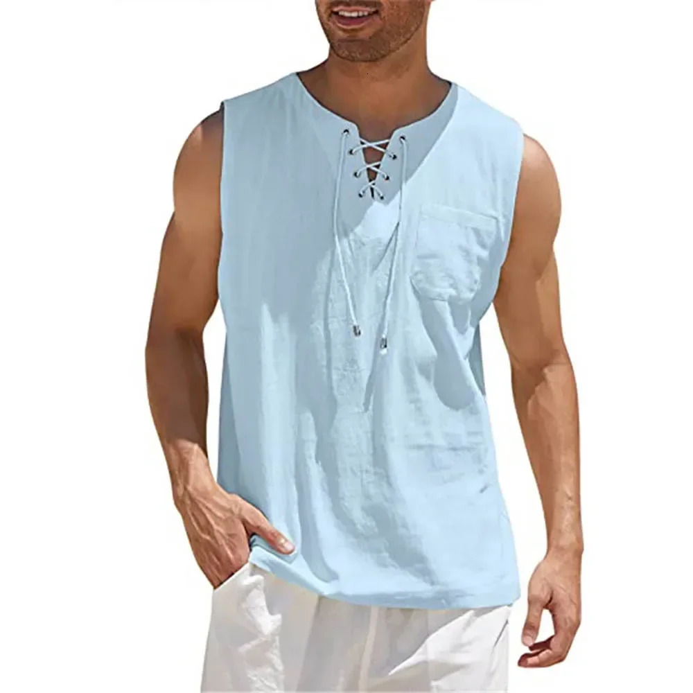 Summer linen shirt mens casual no ruffled vest belt lace top retro V-neck fashionable loose shirt mens solid color T-shirt 250403