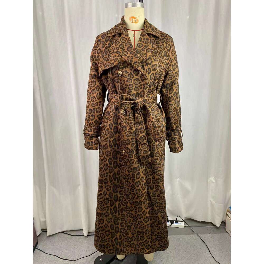 In Stock--2024 European and American Amazon Cross-Border New Women's Autumn Winter with Turn-Down Collar, Double-Breasted, Extended Length Trench