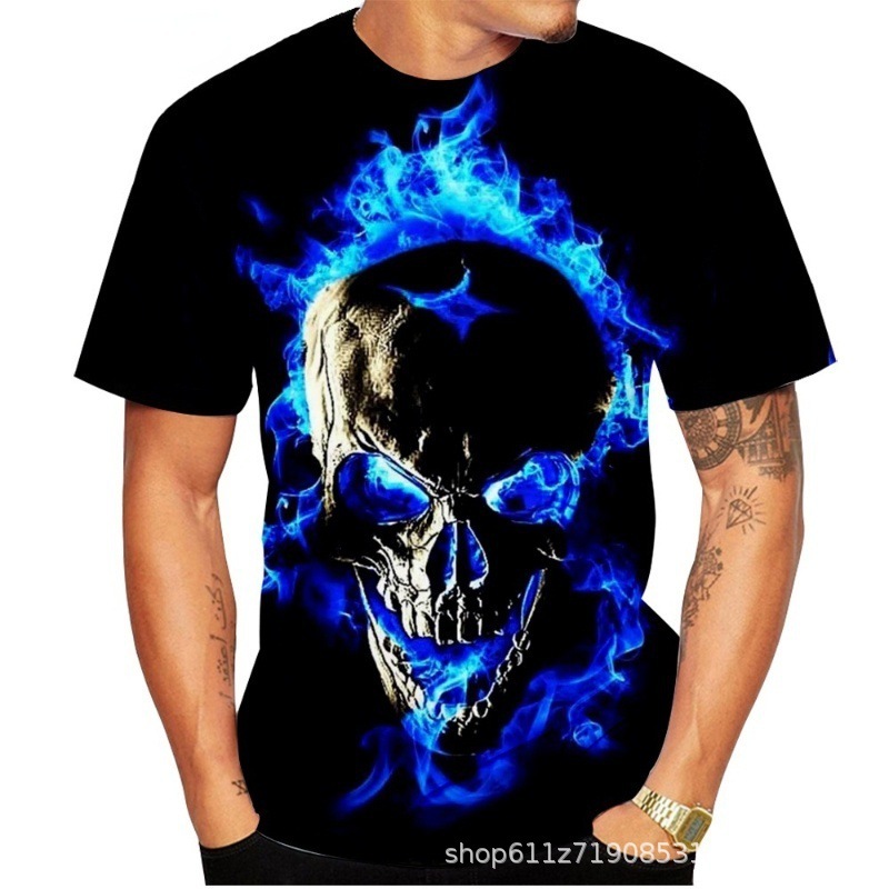 Spring fashion skeleton 3D printed mens street trend round neck short sleeved T-shirt top for men