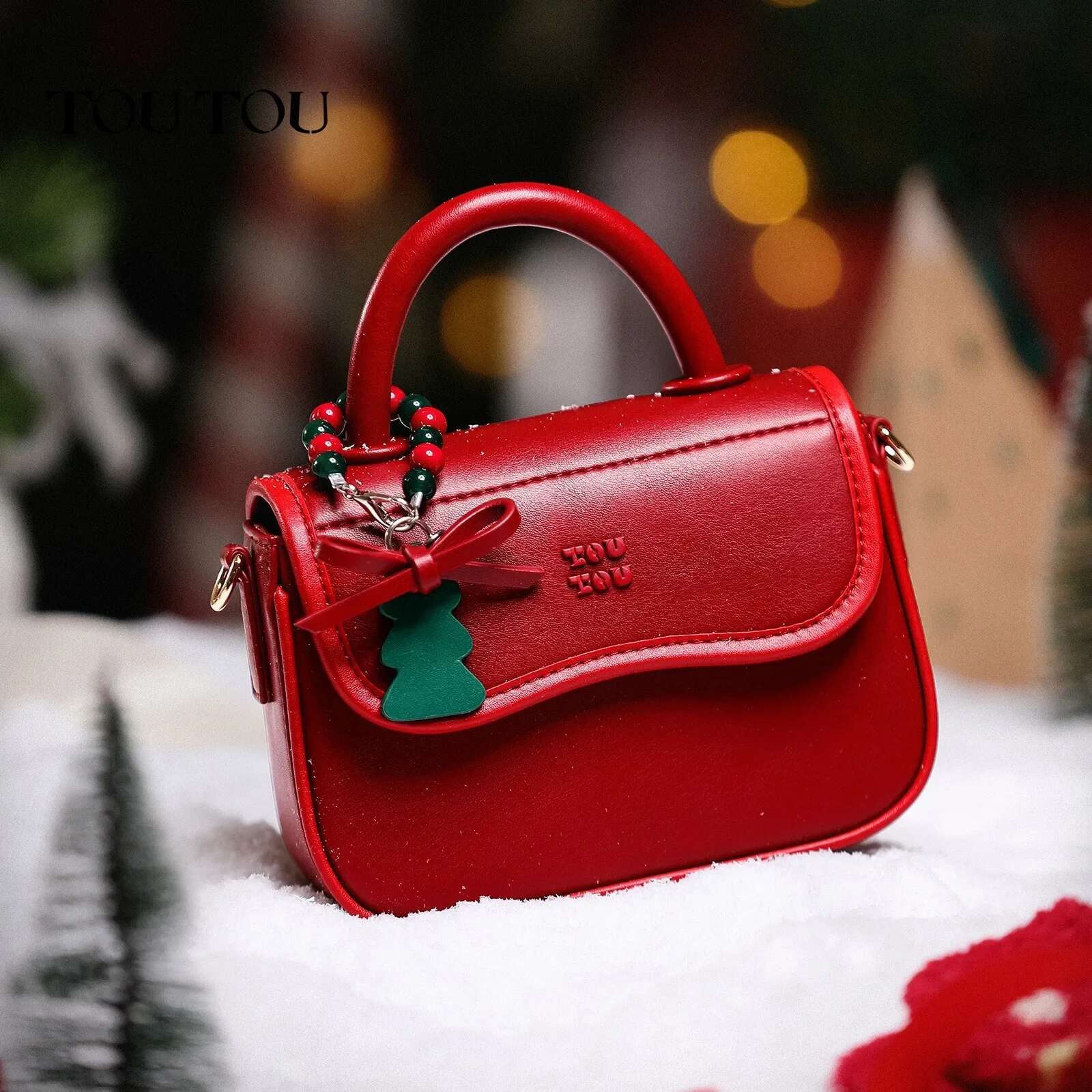 TOUTOU Red Handbag Women Cute Cherry Christmas Tree Pendent Original Designer Leather Shoulder Crossbody Bag Girl Valentine Gift