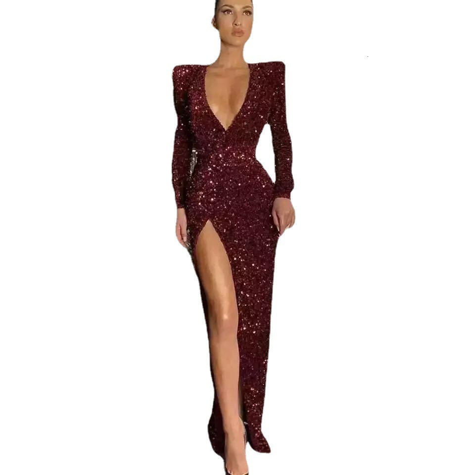 2025 Womens Sexy Deep V-long Sleeved Slim Sequined Dress with Slit Skirt Ins