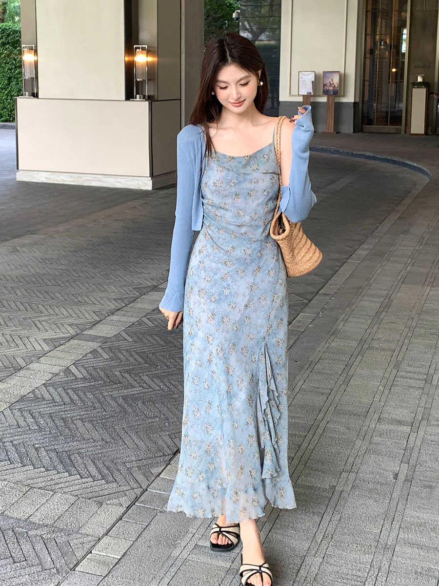 S19 New Summer Korean Style High Waist Elegant Suspender Dress Swing Neck Solid Color Pure Desire Dress