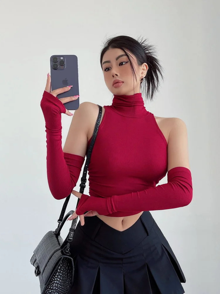 Spring and summer top sexy vest spicy girl sleeves high neck pleated club crop top womens t-shirt tight fitting streetwear Y2k 250403