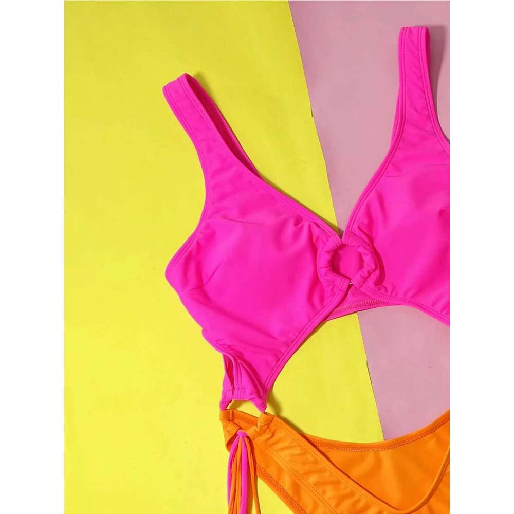 2025 Rose Red Patchwork One Piece Swimsuit Women,high Waist Thong Hollow Out Lace-up Backless Bikini,summer Monokini Swimwear