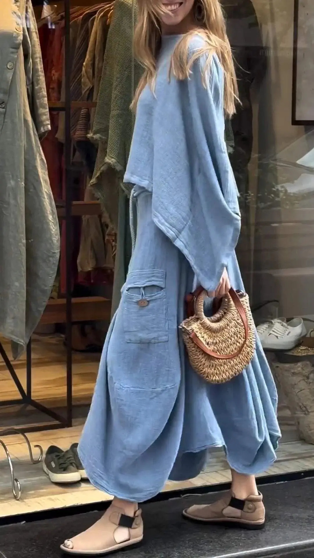 Casual cotton linen T-shirt and tight two-piece womens O-neck batwing shirt autumn and winter loose solid set 250401