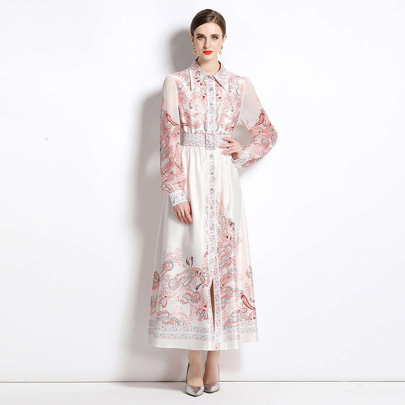 Cross-Border New Fashion In Stock Niche Design Women's Vintage Print Cardigan Single-Breasted Dress