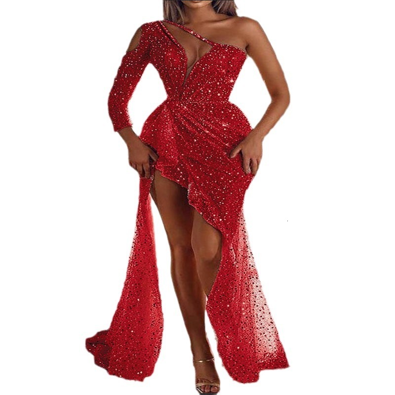 2025 Autumn Womens Clothing 8627 Colorful Sexy One Shoulder Banquet Dress with Hip Wrap