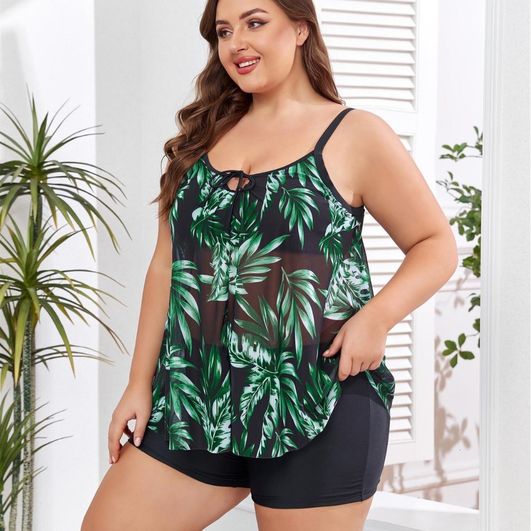 Fat and oversized skirt style split body bikini multi-color printed conservative boxer shorts set women's swimsuit