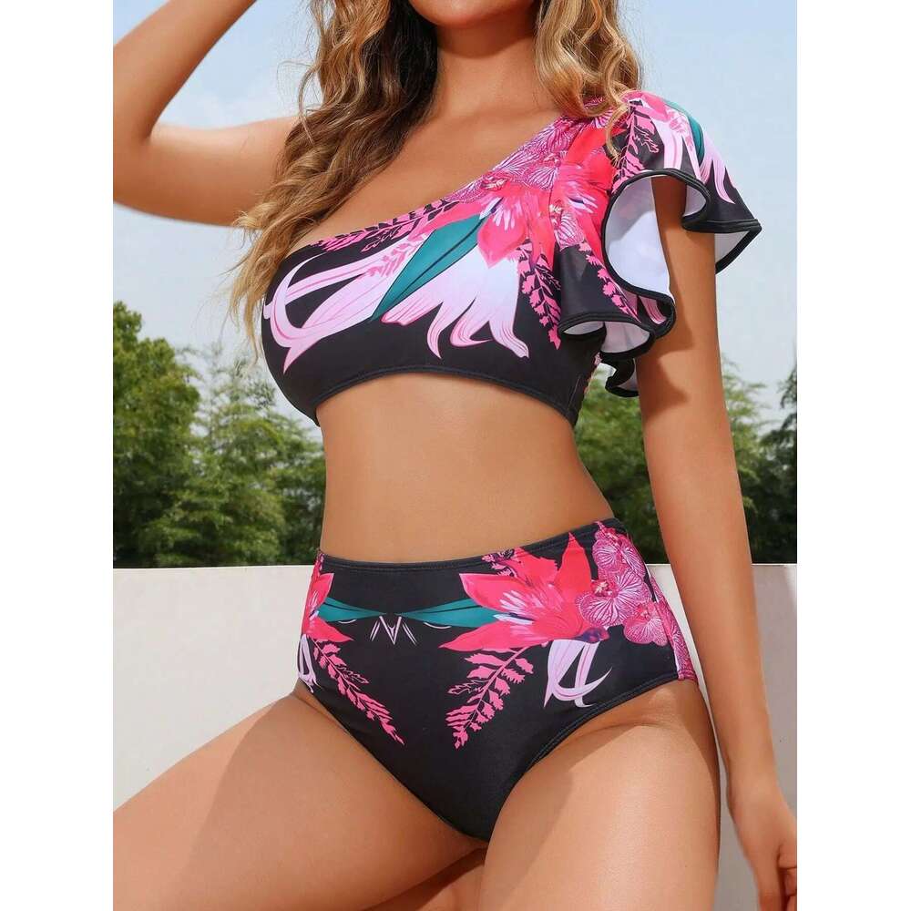 2025 New Women's 2 Piece Swimsuit Sexy wer Print Ruffle Single Shoulder Backless High Waist Bikini Beach Vacation Swimwear