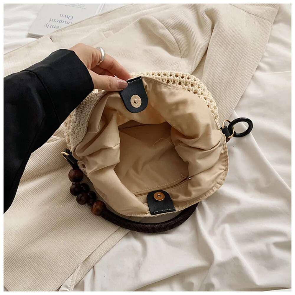 Handbag Beach Summer Holiday Woven Tote Women's Large Capacity Shoulder Bag Cotton Rope Hobo Bags With Bead Strap For Travel