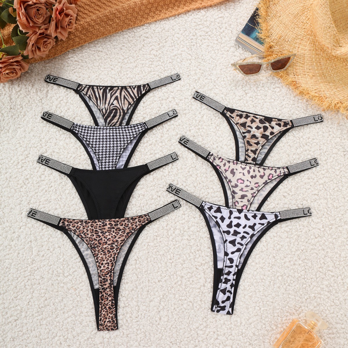 Women's G-Strings Sexy Rhinestone Glossy Thong Women's Leopard Print Low-Rise Panties Low-Rise T-Back Briefs
