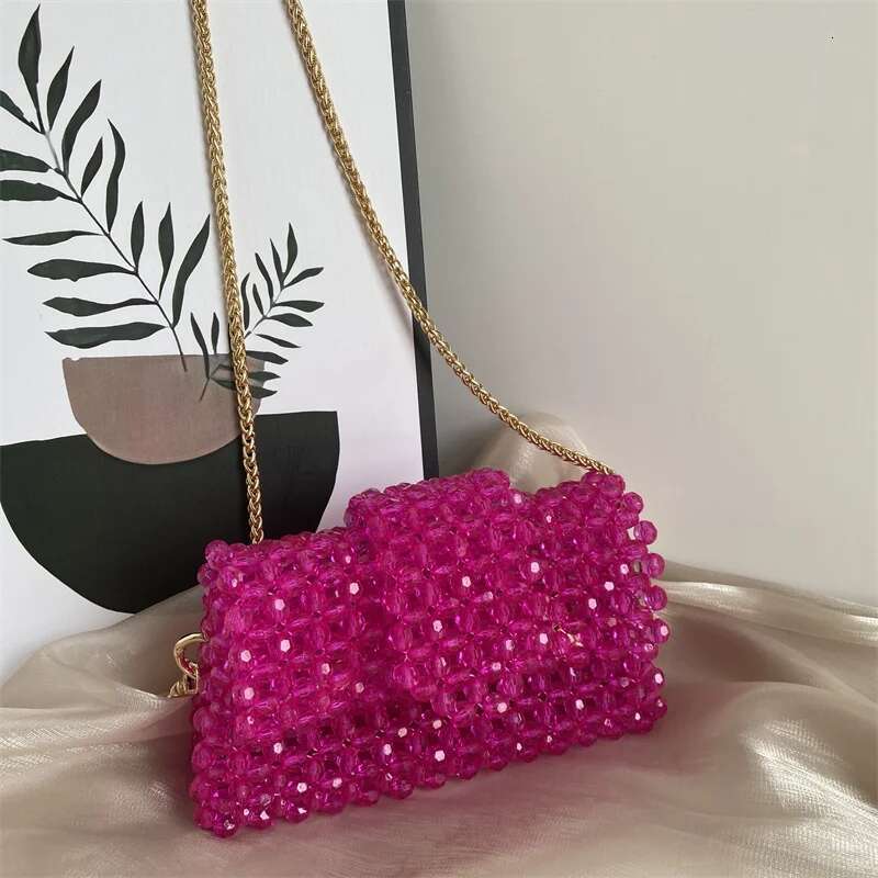 Acrylic Hand Woven Beaded Small Square Messenger Bag Handmade Box Vertical Mini Dinner Evening Crossbody Bags Purse Metal Chain