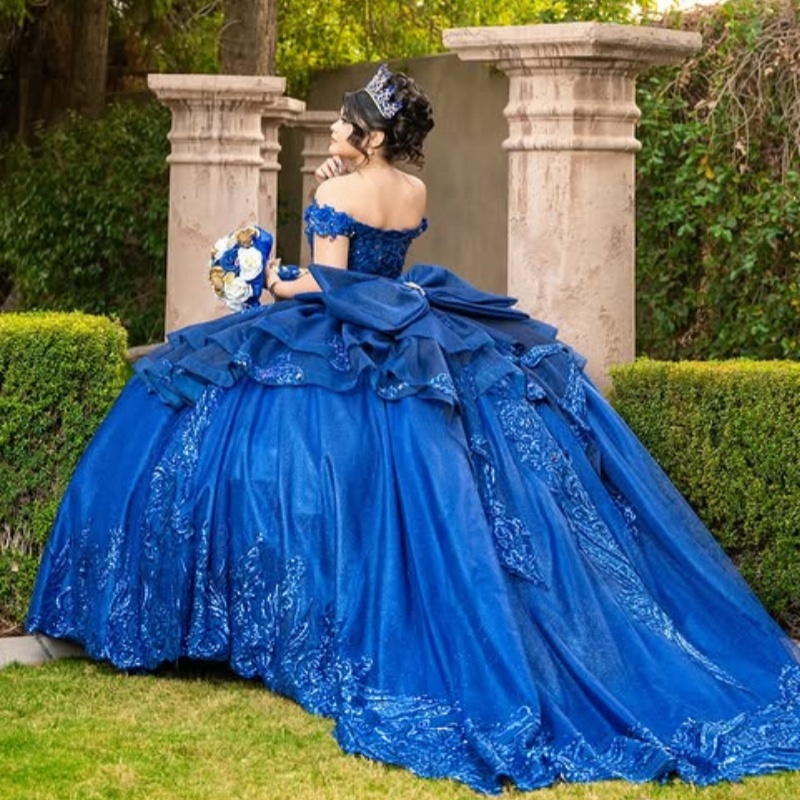 Royal Blue Shiny Princess Quinceanera Dresses Off Shoulder Beading Crystal Applique Lace Tull Sweet 16 Dress Ball Gown Vestidos 15 De Anos