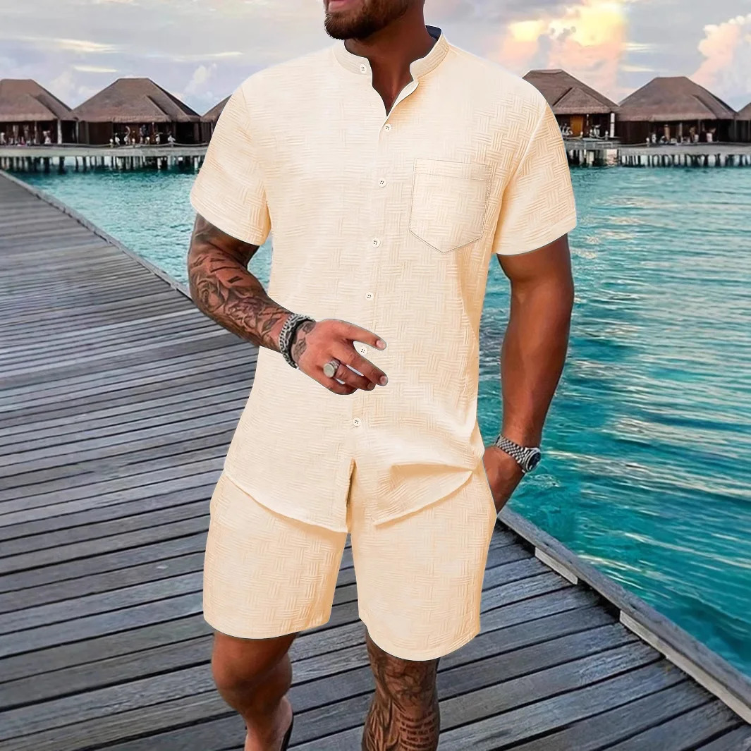 Fashion solid color short sleeved stand up collar short sleeved mens two-piece set summer jacquard casual pocket beach 2 250402
