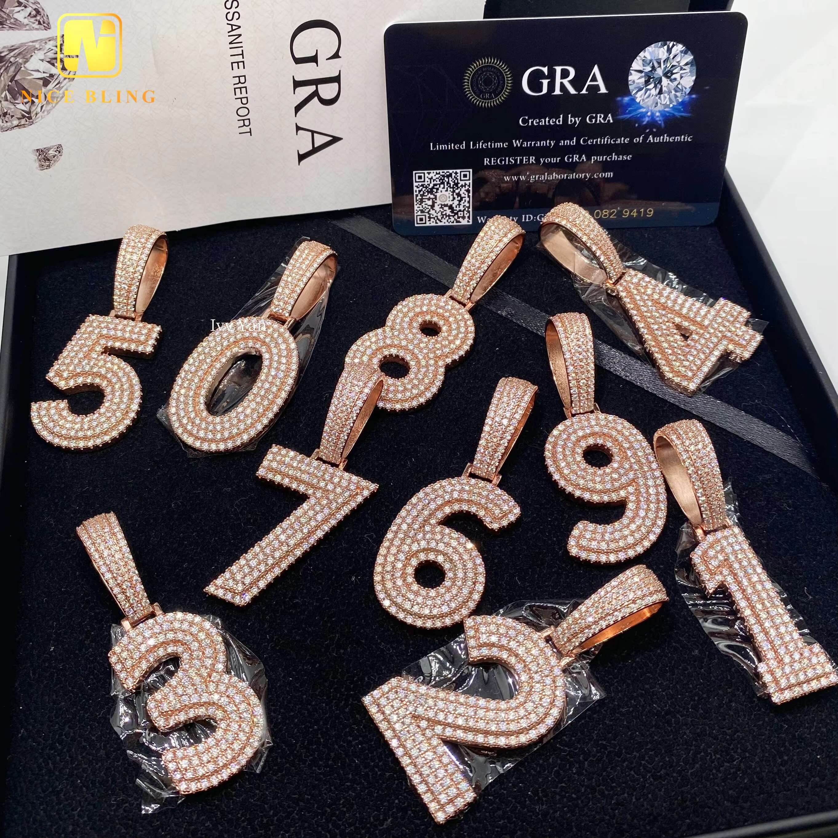 RTS Custom Iced Out Fine Jewelry Number Pendants Hip Hop VVS Moissanite Charms 925 Silver Round Brilliant Diamond Lucky Pendant