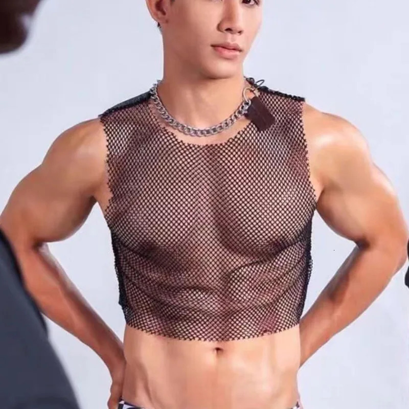 Mens vest sexy rhinestone fishnet sleeveless top hollow sports vest with stage display of mens clothing 250403