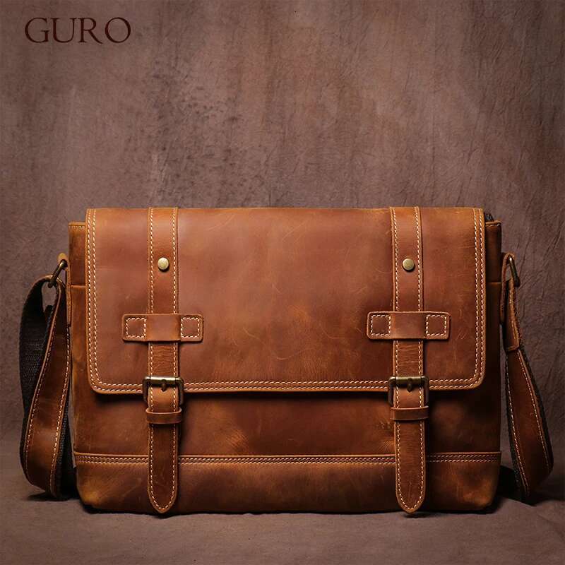 GURO Men's Retro Messenger Crazy Horse Leather Briefcase High Quality Shoulder Sg Bag Crossbody For 12.9 Inch Ipad