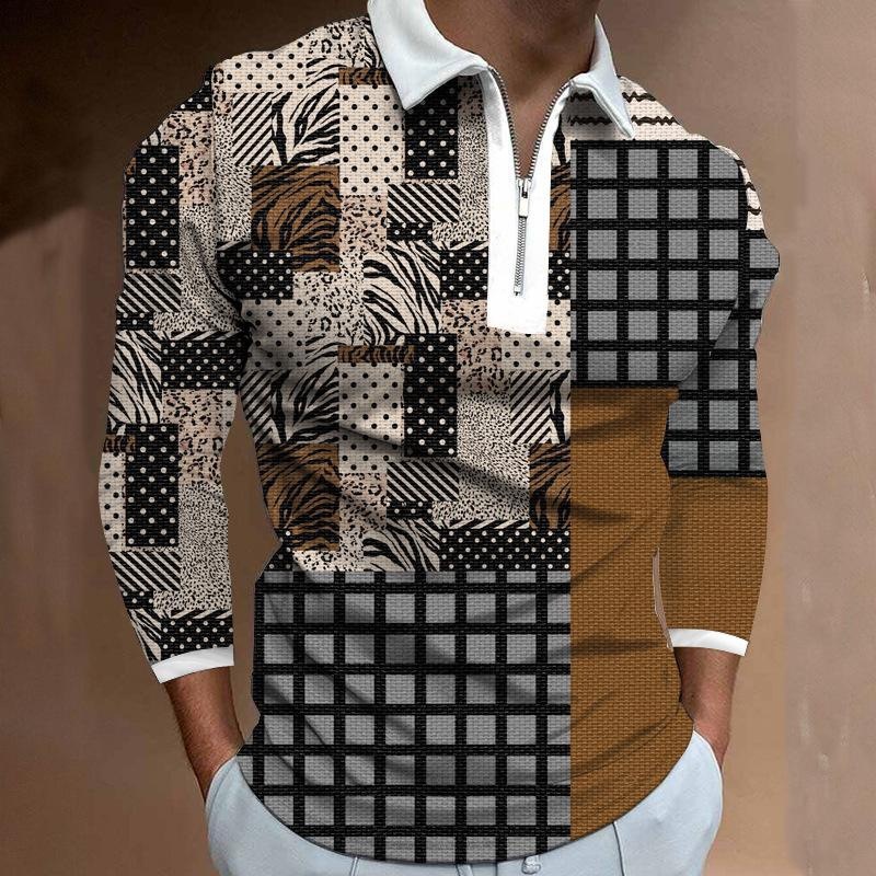 Autumn new mens solid color striped printed zipper polo mens polo shirt long sleeved T-shirt men