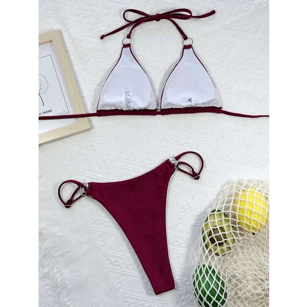 2025 Solid Color Swimsuit Women 2 Piece Bikini Sexy Triangle Cup Halter Lace-up Backless Bathing Suit Low Waist Summer Beachwear
