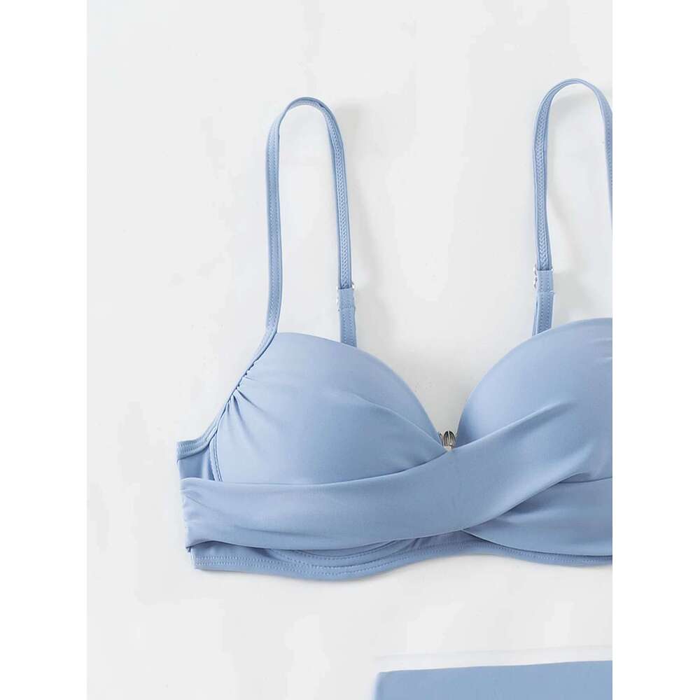 Women's Three Piece Swimsuit Solid Color V-neck Underwire Bikini Set Beach Vacation Suspender Backless Swimwear 2024