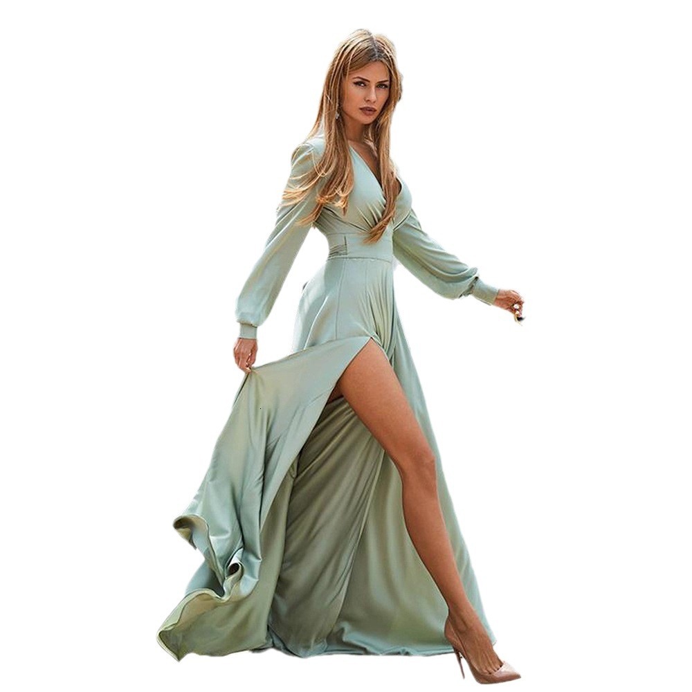 2025 New Womens Deep V-neck Splicing Split Long Dress Solid Color Fashion Yellow Dress