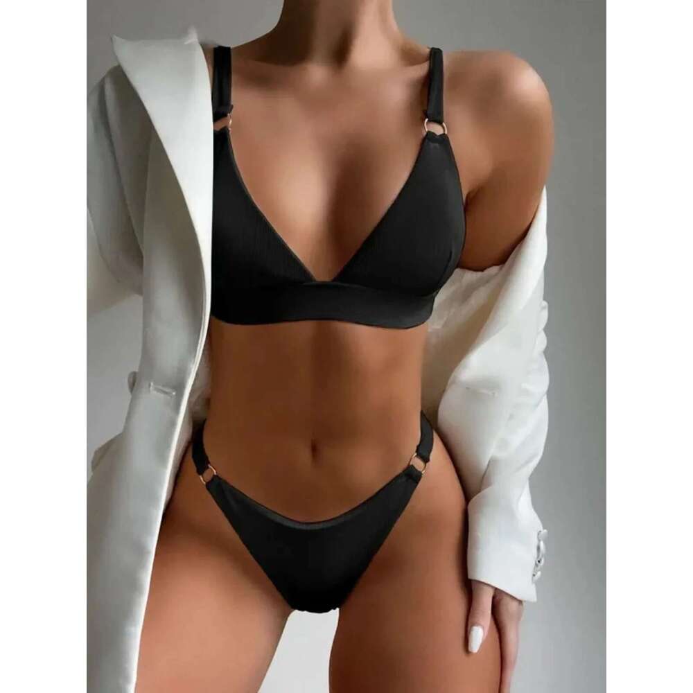 2025 Solid Color 2-piece Swimsuit Women,Classic Basic Style,3-point Bikini,V-neck Suspender Backless Swimwear,summer Beachwear