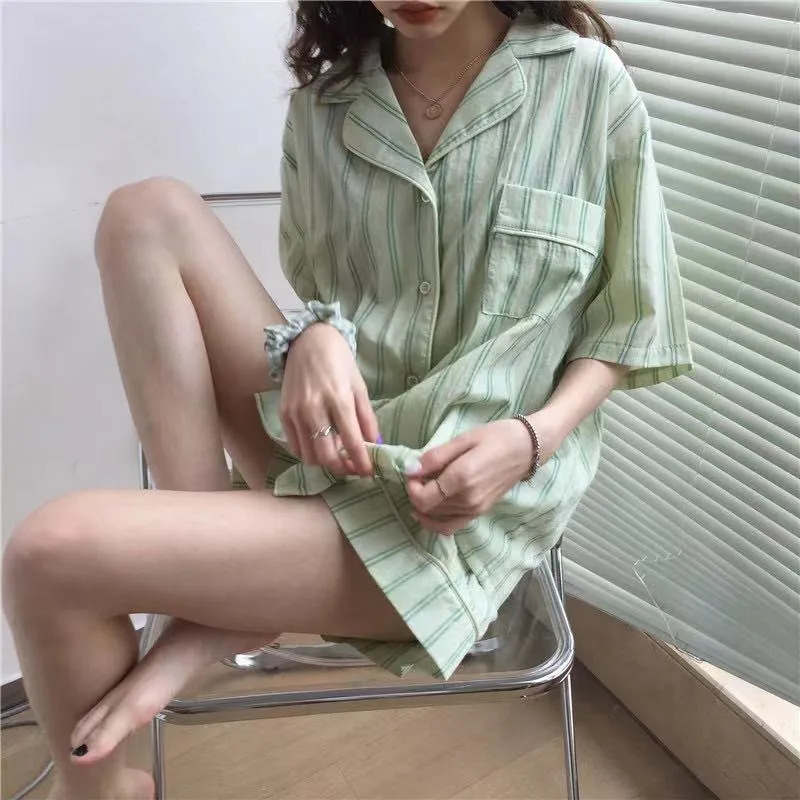 Pajamas Women Summer Cartoon Cute Bear Short Sleeve Nightwear Loungewear Set Ladies Cardigan Striped Plaid Short Sleepwear 250402