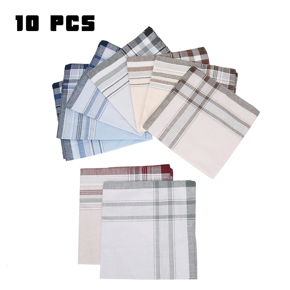 10Pcs Cotton Handkerchiefs Soft Stripe Checkered Pattern Pocket Square Hankies Gentleman for Men Cotton Wedding Suit Handkerchie 250403