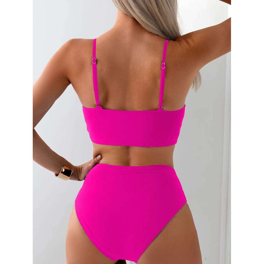 Solid Color 2 Piece Swimsuit for Women High Waist V-neck Suspender Sexy Bikini Set Summer Beach Vacation Backless Swimwear 2024