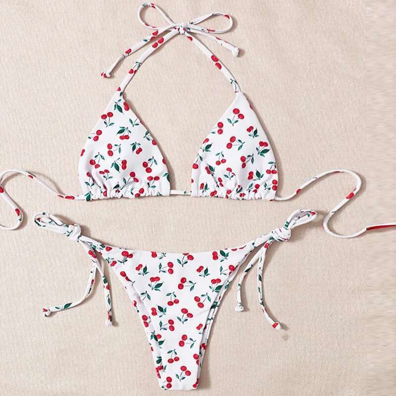 Cute Cherry Print Swimsuit Women 2023 Low Waist Thong 2-Piece Bikini V-neck Suspender Halter Bathing Suit Summer Beach Swimwear