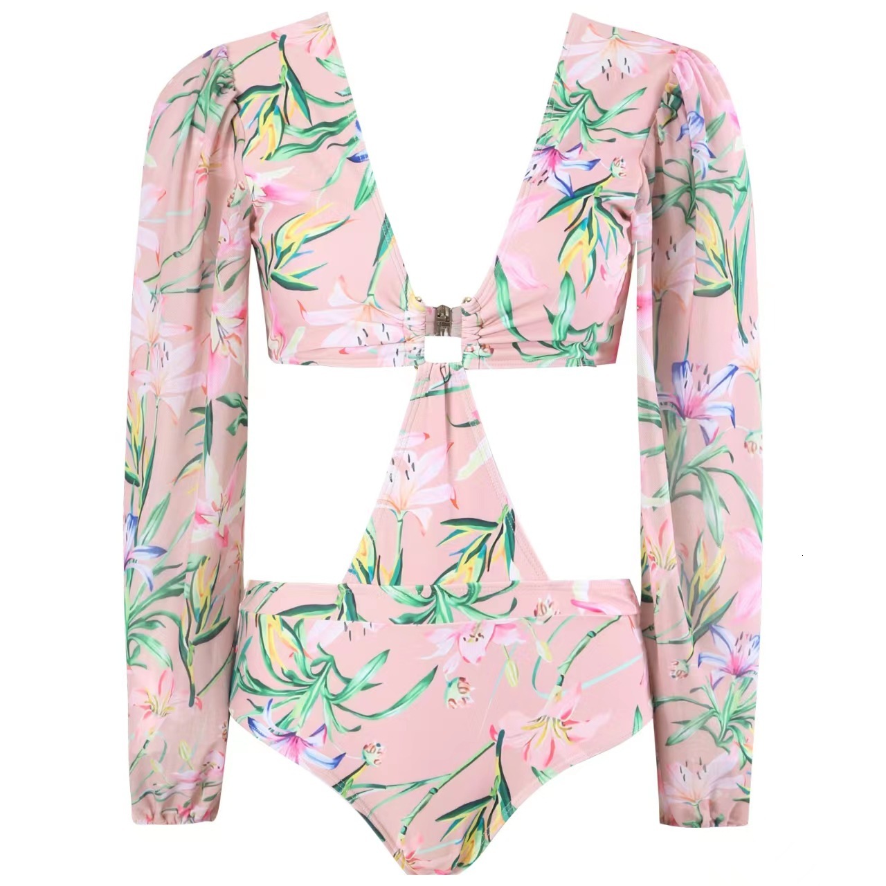 2025 new one-piece swimsuit women's French cover belly slimming sexy bubble sleeve wrapped skirt set