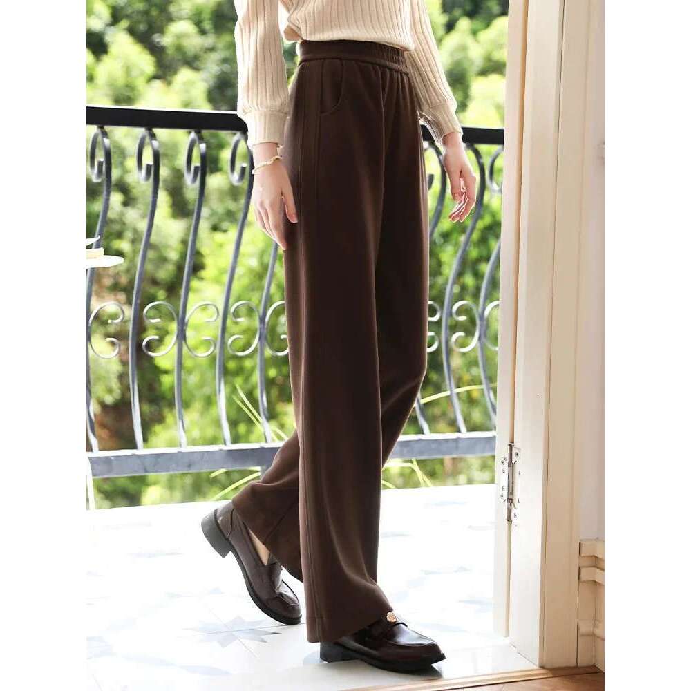 Khaki Straight Leg Casual For Women Autumn Elastic Waist Trousers Double-Layer Warm Pants
