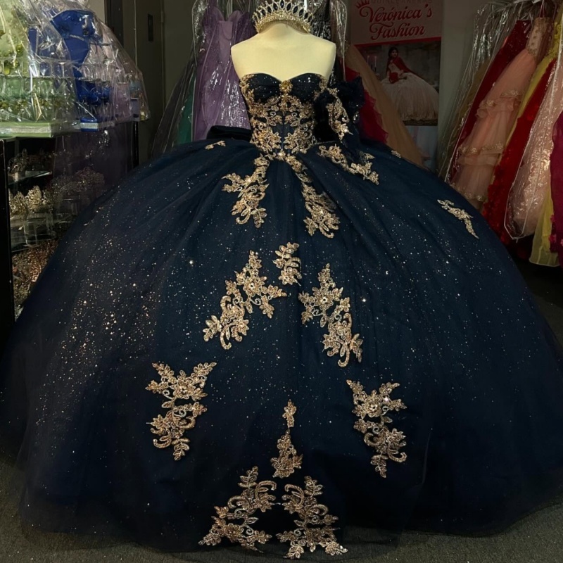 Navy Blue Quinceanera Dresses Off Shoulder Ball Gown Sweet 16 Dress Applique Lace Bow Beads Tull Birthday Party Vestidos 15 De Anos