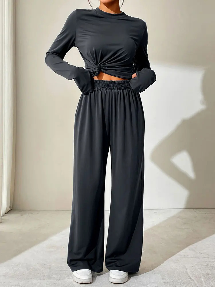Spring Fashion Womens Long Sleeve Tshirt Trousers 2piece Street Clothing Oneck Solid Color Sexy Casual Slimming 250403