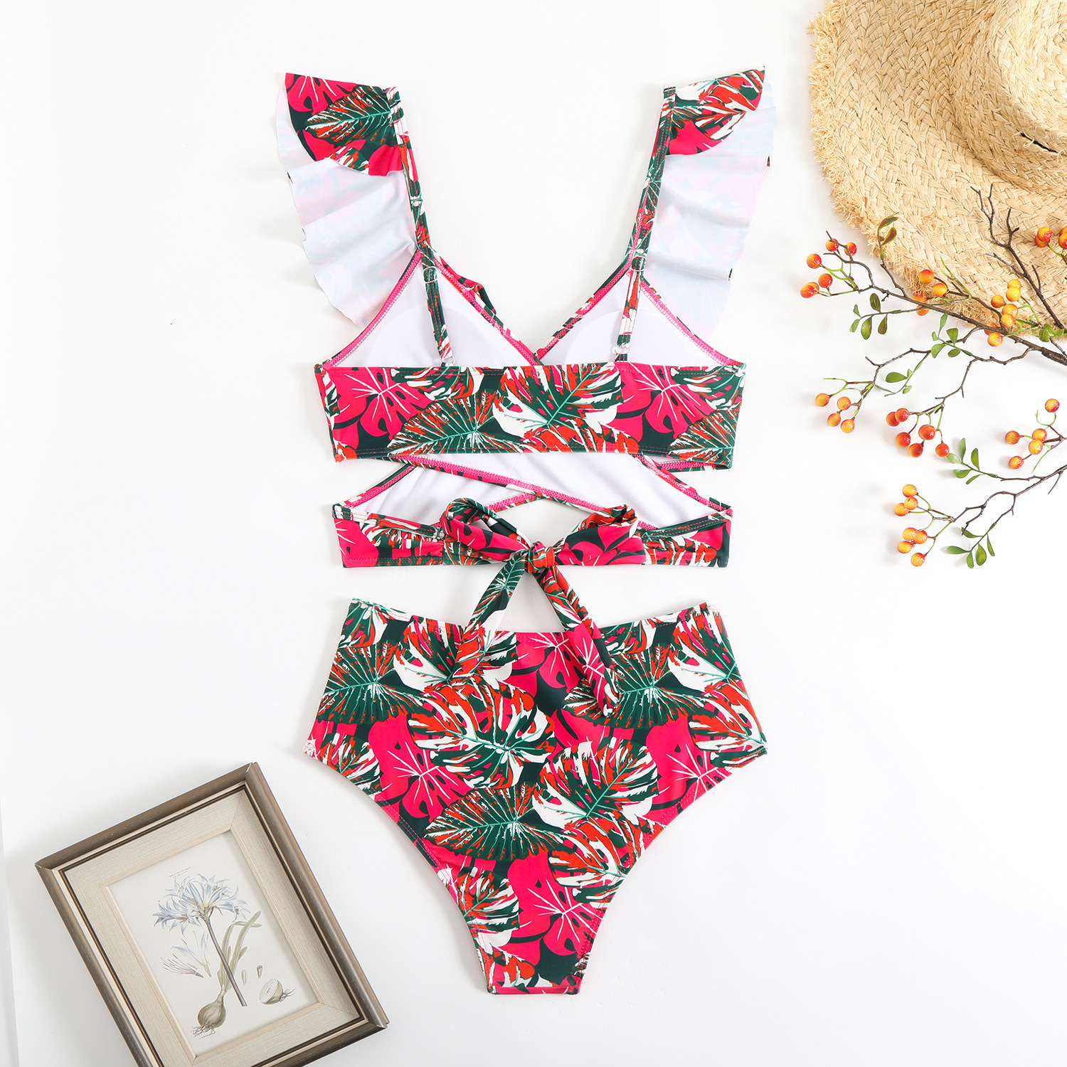 New ruffle edge split high waisted triangle pants sexy bikini multi-color printed swimsuit for women