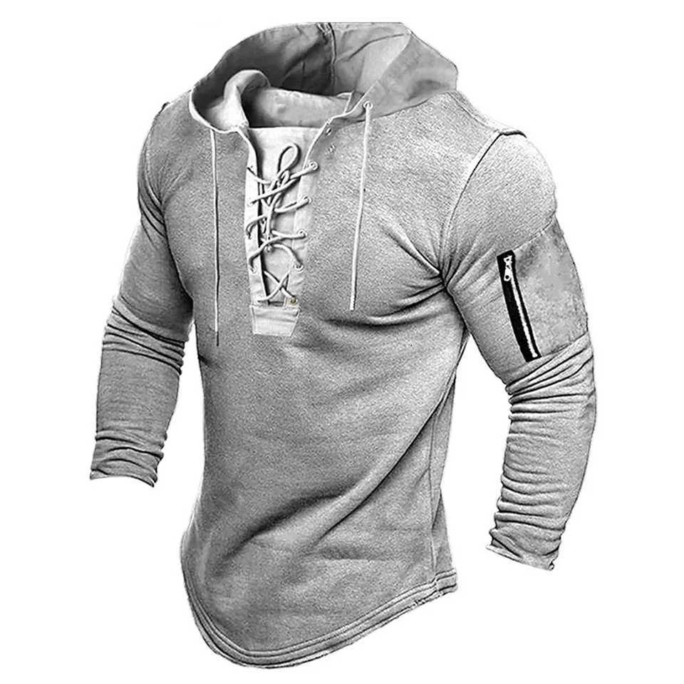 Men Pullover Sweatshirt Solid Color LaceUp Casual Zip Comfortable Casual Vacation Sports Hoodie Slight Strech W251106