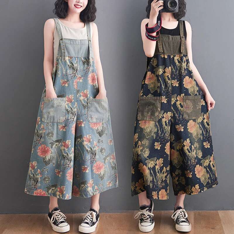 Summer Ladies Ankle-Length Loose Wide Leg Jumpsuits Women Ral Print Rompers Vintage Denim Overalls