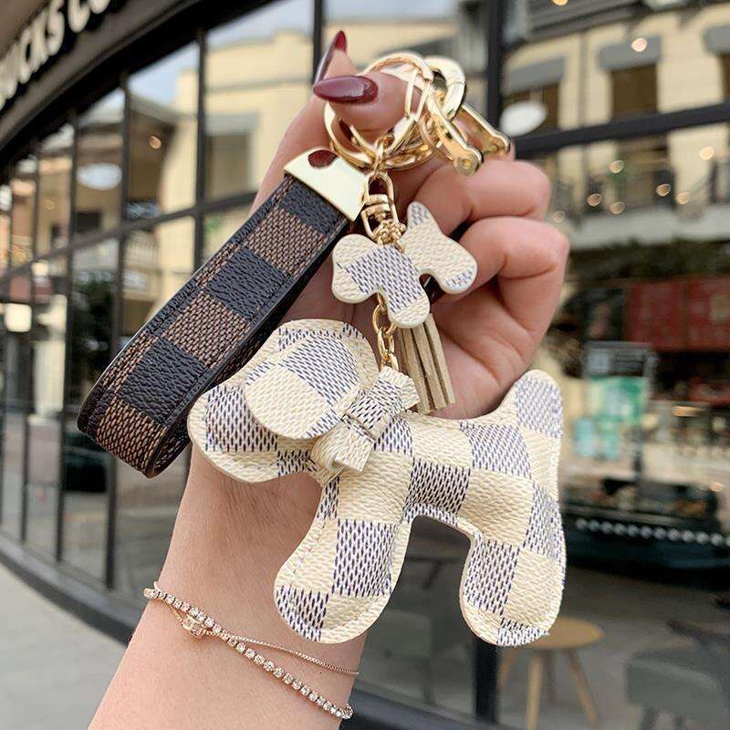 Leather Plush Dog Bowknot Coin Holder Keychain, Gender Neutral Animal Plush Keychain with Leather Strap and Metal Hardware, Bag Pendant Car Hanging Or - view 3