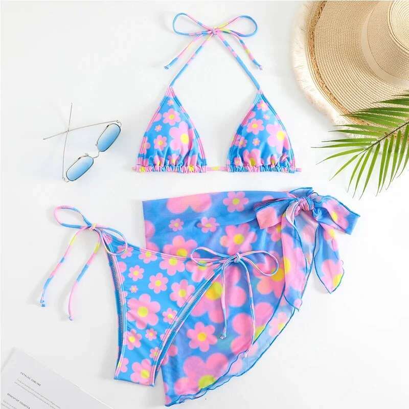 Sexy wer Print Low Waist Swimsuit Women 3-Piece Bikini Triangle Cup V-neck Suspender Backless Summer Beach Bathing Suit 2024