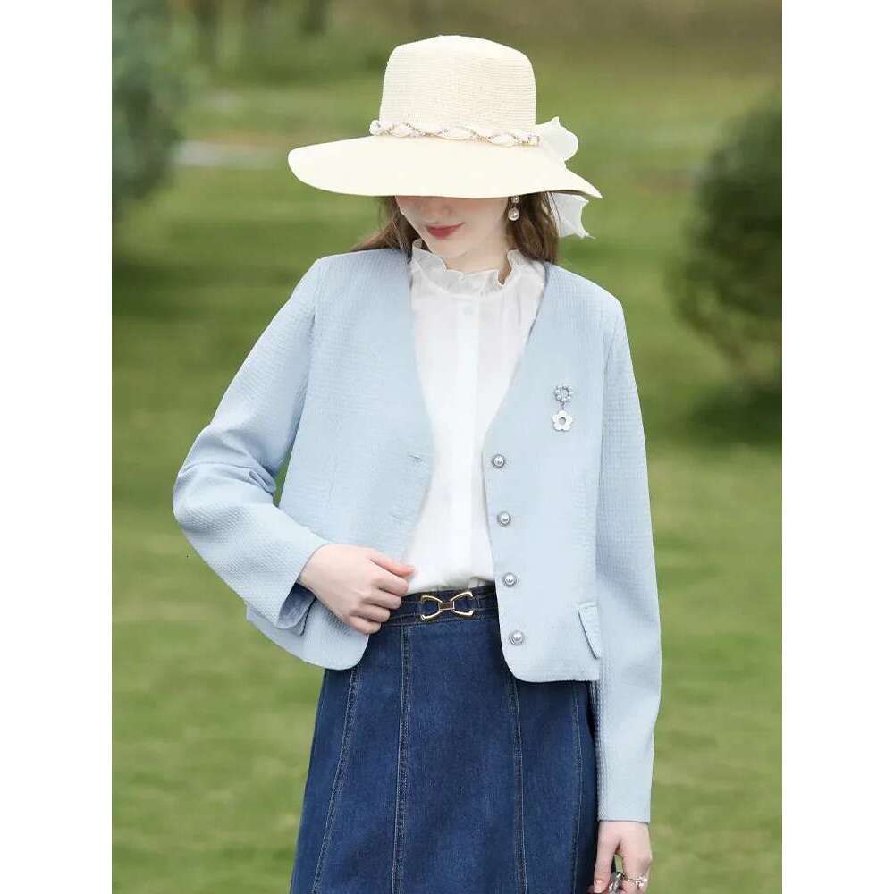 Blazers Short Coat For Women Autumn New Blue French Tweed Waffle V-Neck Fashion Gentle Chic Jacket