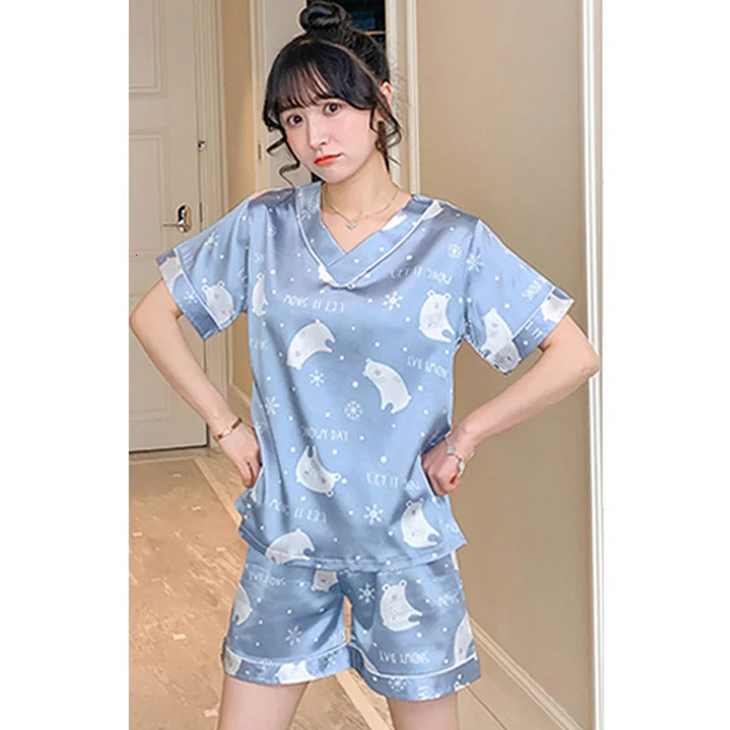 Two Sets Of Ladies Pajamas Suit Summer Ice Silk Short-Sleeved Korean Version Of The Sexy Thin Section Large Size Homewear s 250402