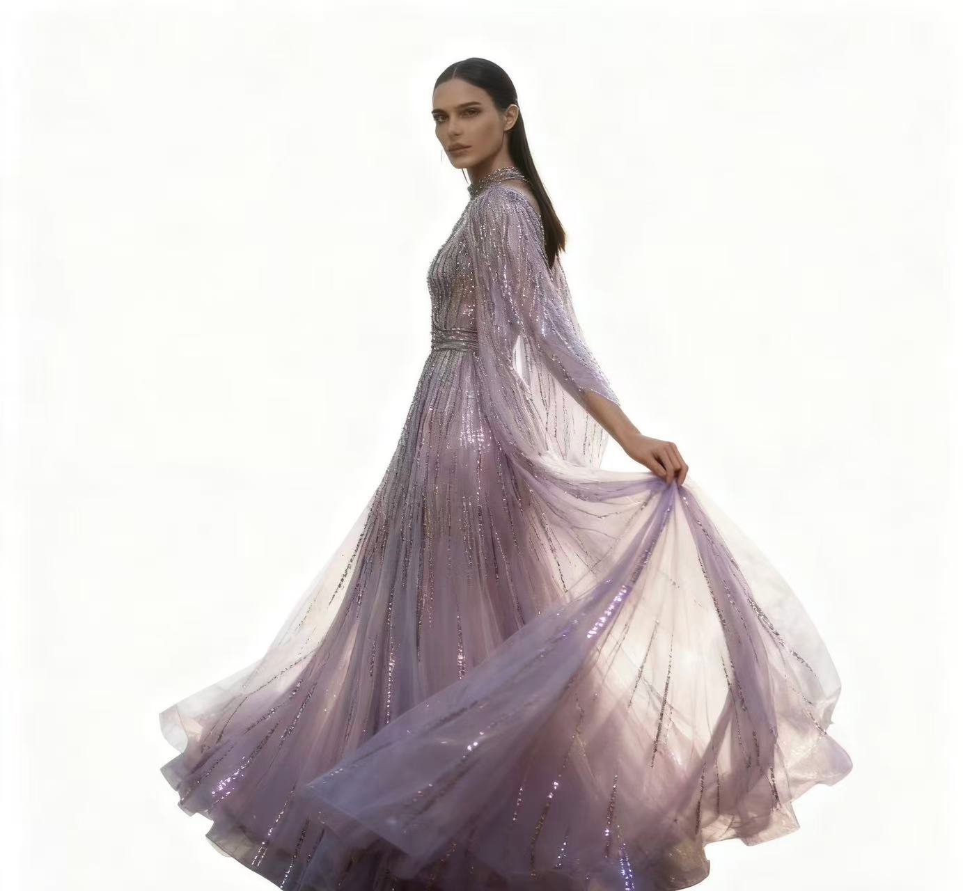 Cross-Border New Spring Summer European & American Women's Elegant Tulle Maxi Dress - Tassel Sequin Evening Gown